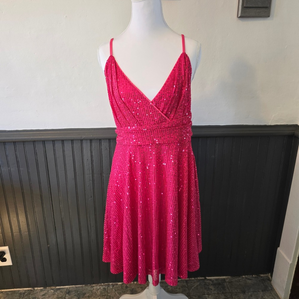 D&M Hot Pink Sequin Fit & Flare Dress XL Barbiecore Party Cocktail Dress